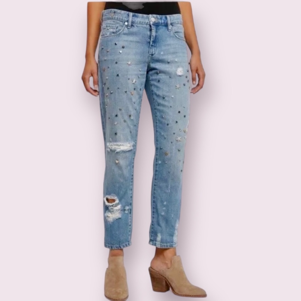 Blank NYC Crop Girlfriend Jeans Studded Distressed Holes Med Wash Blue Size 25